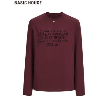 Basic House/百家好新年紅色圓領長袖T恤女款春季正肩打底衫上衣