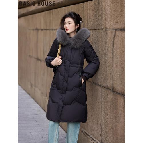 Basic House/百家好中長款毛領90白鴨絨羽絨服外套女2025冬季新款