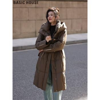 Basic House/百家好中長款90白鴨絨連帽羽絨服外套女2024冬季新款