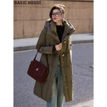 Basic House/百家好2024冬季新款盤扣連帽保暖白鴨絨羽絨服外套女