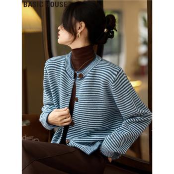 Basic House/百家好都市輕奢風氣質圓領條紋針織開衫毛衣女士春季