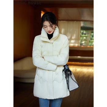 Basic House/百家好2024冬季新款中長款禦寒白鴨絨羽絨服外套女士