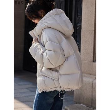 Basic House/百家好白色連帽90白鴨絨羽絨服女冬季短款麵包服外套