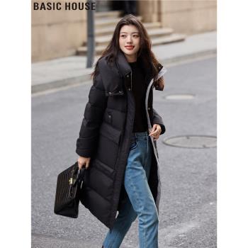Basic House/百家好2024冬季新款大口袋連帽90白鴨絨羽絨服外套女