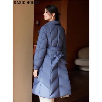 Basic House/百家好90白鴨絨長款系帶保暖羽絨服女士2024冬季新款