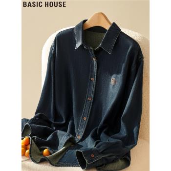 Basic House/百家好翻領疊穿內搭長袖牛仔襯衫外套女2025春季新款
