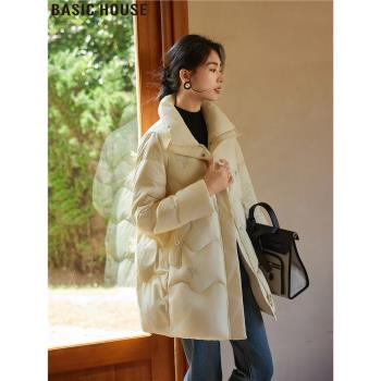 Basic House/百家好2024冬季新款零壓立領蓄暖白鴨絨羽絨服外套女