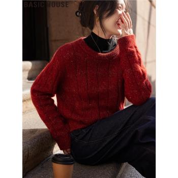 Basic House/百家好璀璨星空安可拉紅亮片圓領毛衣女春季2025新款