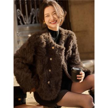 Basic House/百家好法式靜奢老錢風美拉德短款環保皮草外套女冬季