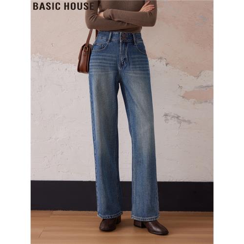Basic House/百家好復古港風藍高腰直筒牛仔褲女款秋冬直筒拖地褲