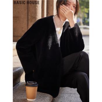 Basic House/百家好至簡黑調皮毛一體環保皮草大衣女冬季毛絨外套