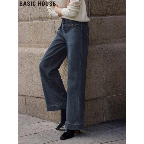 Basic House/百家好自由都市遮胯顯瘦加絨直筒闊腿牛仔褲子女春季