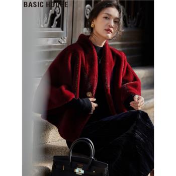 Basic House/百家好新年紅色結婚敬酒服環保皮草斗篷外套女士冬季