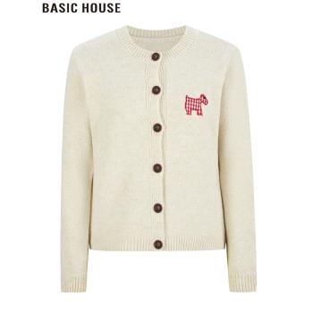 Basic House/百家好小狗刺繡針織開衫毛衣外套2025年春季新款女裝