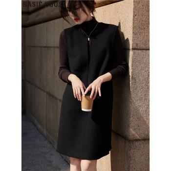 Basic House/百家好黑色疊穿無袖羊毛背心連衣裙女士2025春季新款