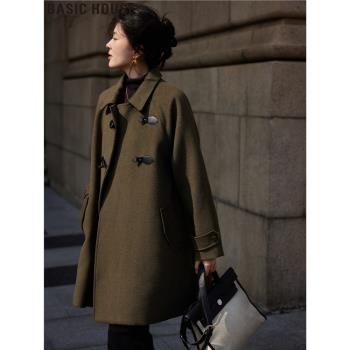 Basic House/百家好中長款羊毛雙面毛呢大衣翻領風衣外套女士春季