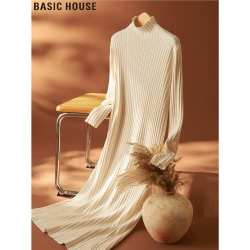 Basic House/百家好落日氛圍高領長款打底過膝針織連衣裙女士春季