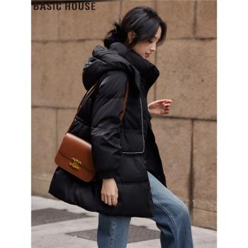 Basic House/百家好中長款收腰羽絨服外套女裝冬季保暖連帽麵包服