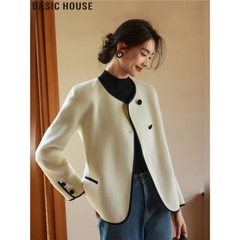 Basic House/百家好時尚撞色小香風短款100%綿羊毛呢子外套女春季