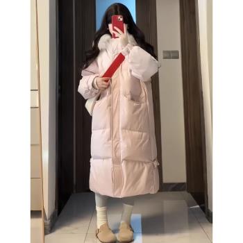粉色羽絨棉服中長款過膝韓系加厚小個子棉衣外套寬松高階感棉襖女