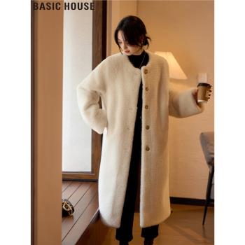 Basic House/百家好長款環保皮草大衣皮毛一體仿水貂絨外套女秋冬