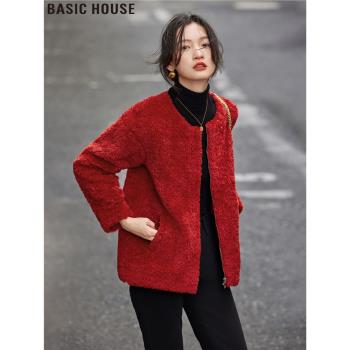 Basic House/百家好靜奢格調新年紅色短款加厚圓領毛茸外套女春季