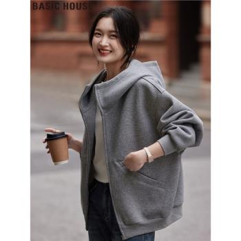 Basic House/百家好廓形灰色連帽加絨加厚衛衣外套女2025春季新款