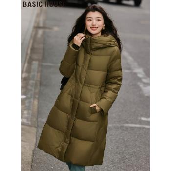 Basic House/百家好90白鴨絨長款過膝保暖連帽羽絨服外套女士冬季