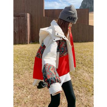 復古民族風刺繡短款國風羽絨服女冬2024新款撞色90白鴨絨工裝外套