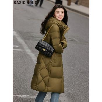 Basic House/百家好90白鴨絨長款保暖連帽羽絨服女士2024冬季新款