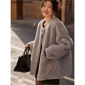 Basic House/百家好仿水貂絨皮毛一體環保皮草外套女冬季毛毛大衣