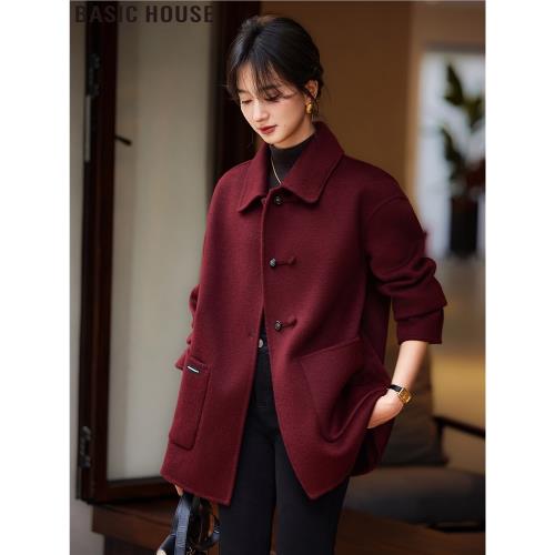 Basic House/百家好新中式盤扣安可拉紅羊毛西裝毛呢外套女士冬季