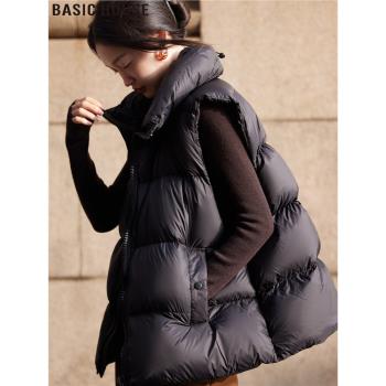 Basic House/百家好黑色立領鴨絨羽絨服馬甲外套女冬季保暖麵包服