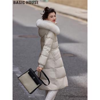 Basic House/百家好2024冬季新款中長款毛領高階90白鴨絨羽絨服女