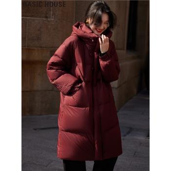 Basic House/百家好安可拉紅長款連帽羽絨服外套女冬季泡芙麵包服