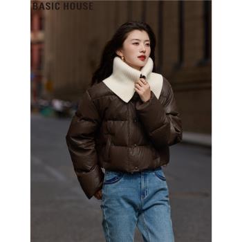 Basic House/百家好美拉德翻領拼接短款白鴨絨羽絨服外套女士冬季