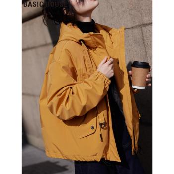 Basic House/百家好小個子短款連帽羽絨服外套女士冬季工裝派克服