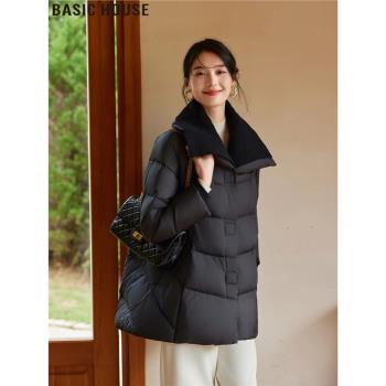 Basic House/百家好2024冬季新款老錢風中長款白鴨絨羽絨服外套女