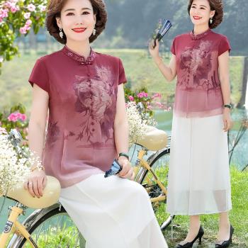 媽媽真絲中國風短袖上衣夏裝