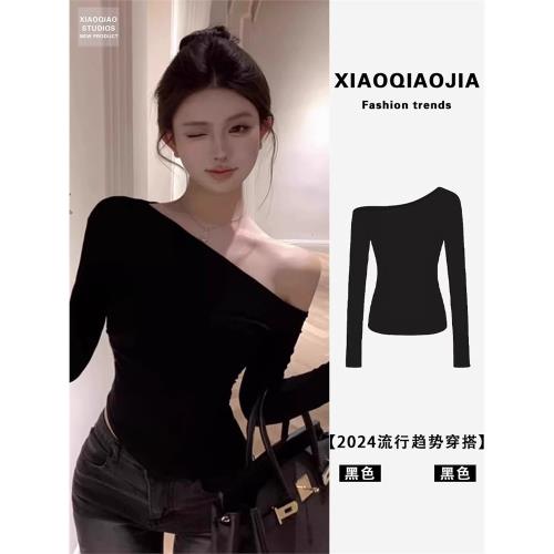黑色修身顯瘦長袖斜肩內搭早秋露膚chic冷淡系獨特別致絕美小上衣