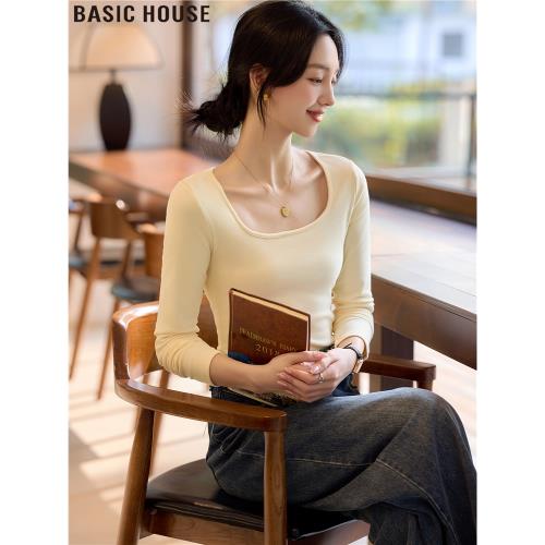 Basic House/百家好精簡衣櫥內搭法式方領打底衫女士2025秋冬新款
