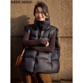 Basic House/百家好小個子黑色羽絨服背心馬甲女冬季泡泡立領外套