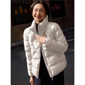 Basic House/百家好白色立領90鴨絨羽絨服女冬季加厚保暖短款外套