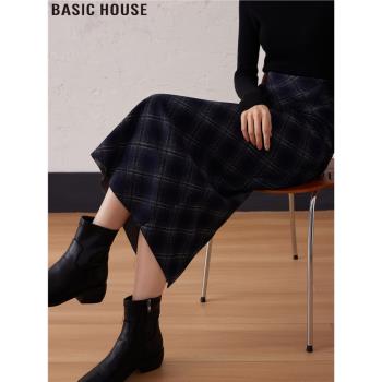 Basic House/百家好藏青色格紋後開叉直筒西裝包臀半身裙女款春季