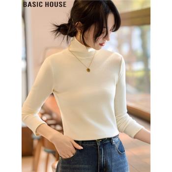 Basic House/百家好簡約百搭高領白色長袖打底衫女春季堆堆領T恤