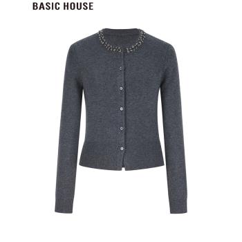 Basic House/百家好小香風圓領釘珠灰色長袖短款針織打底衫女春季