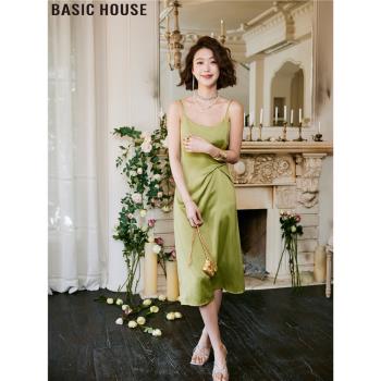 Basic House/百家好氧氣美人法式緞面中長款打底吊帶連衣裙女夏季