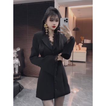 韓系高階設計蕾絲拼接西裝外套女2025春季新款小個子修身顯瘦西服