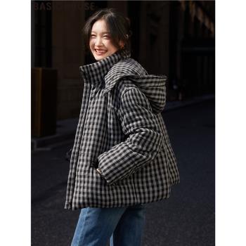 Basic House/百家好簡約立領格紋小個子短款連帽棉服外套女士冬季