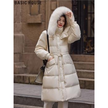 Basic House/百家好2024冬季新款中長款毛領高階90白鴨絨羽絨服女